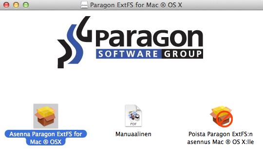 Käynnistä asennus napsauttamalla mukana toimitettua DMG-levykuvaa (tässä tapauksessa ExtFSforMacOSX.dmg). 2.