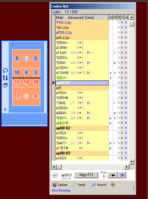 torjuntapisteet > Sk:B, +-: #) ja etsi painamalla APPLY > pallot tulevat samaan ikkunaan aikajärjestyksessä SEARCH CODE VALIKKO? / Hom / Opp Joukkuevalinta Player Sk T Pelaajan nro esim.