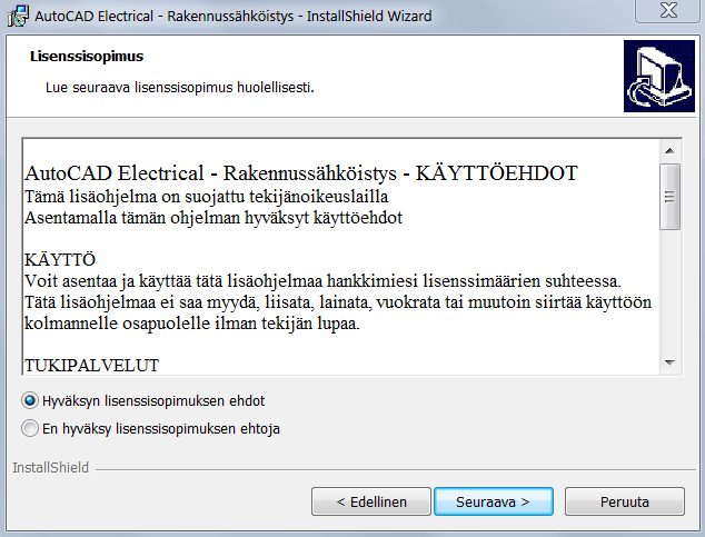 Asennus AutoCAD Electrical -ohjelmisto täytyy olla asennettuna ennen päivityksen asennusta. Päivitys asennetaan tämän jälkeen työasemalle käyttäjän omilla tunnuksilla.