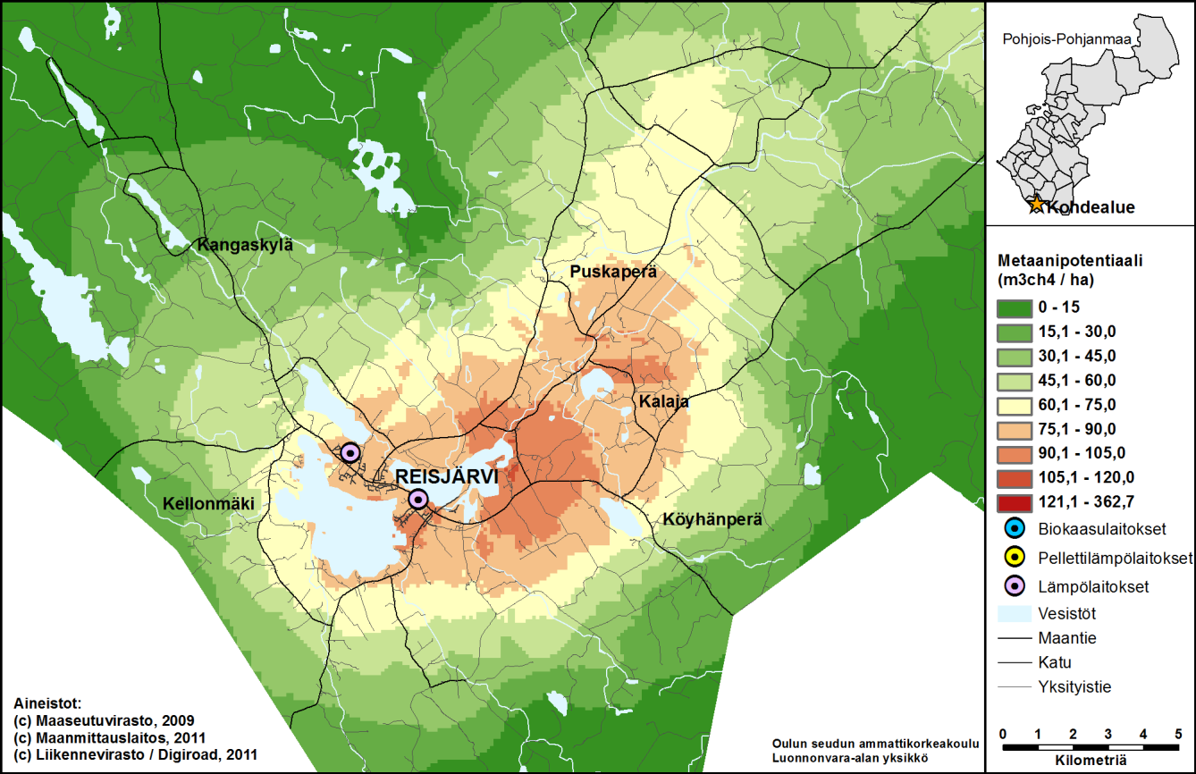 Liite 11.1.1 Metaanipotentiaalin kokonaismäärä Reisjärven alueella. Liite 11.1.2 Esimerkki saavutettavuusanalyysin tuloksesta Reisjärven alueella, jonne tutkimuksen tekijä on sijoittanut uuden biokaasulaitoksen sijainnin.