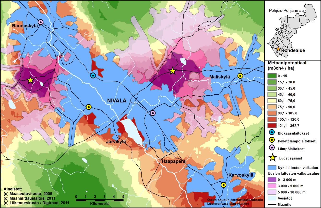 Liite 11.2.1 Metaanipotentiaalin kokonaismäärä Nivalan alueella. Liite 11.2.2 Esimerkki saavutettavuusanalyysin tuloksesta Nivalan alueella, jonne tutkimuksen tekijä on sijoittanut uuden biokaasulaitoksen sijainnin.
