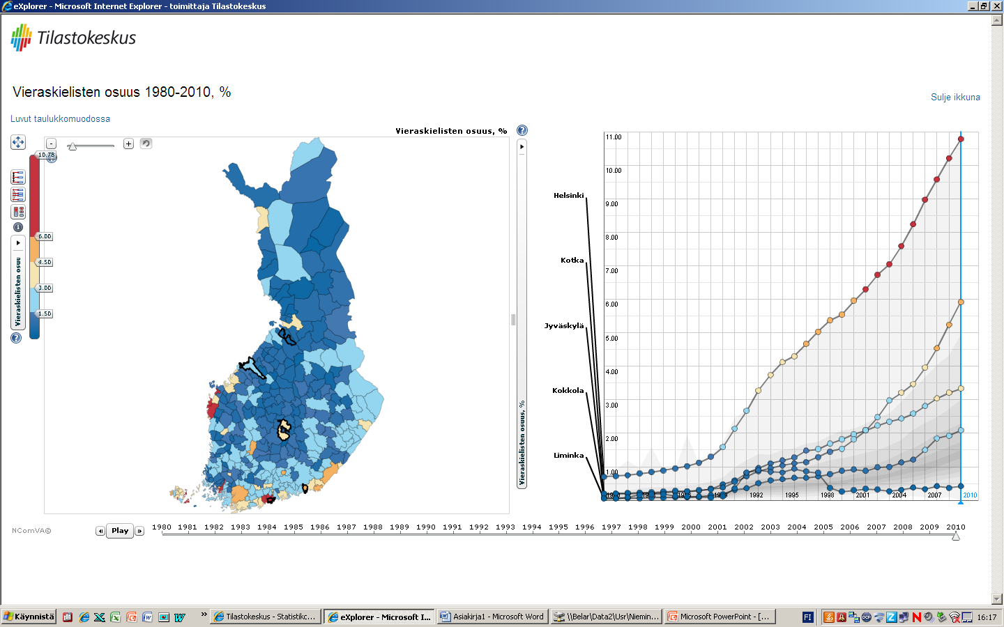 Explorer kartta-animaatiot Vieraskielisen väestön osuus 1980-2010 Ulkomaan