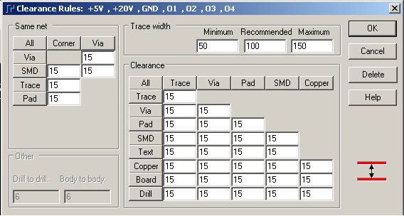 Asetukset 2 Suunnittelusäännöt Setup->Desing Rules Default (Oletusarvot)