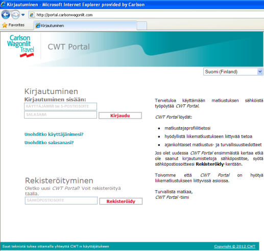 1 Kirjautuminen CWT Portalin kautta Junavarausjärjestelmään kirjaudutaan CWT Portalin kautta osoitteella http://portal.carlsonwagonlit.