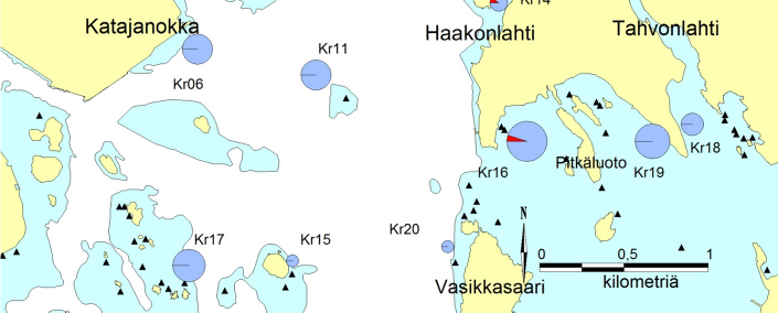 Kuva. Silakan vastakuoriutuneiden (< 0 mm) ja vanhempien poikasten (> 0 mm) osuudet Kruunuvuorenselän Gulf -linjoilla vuonna 0.