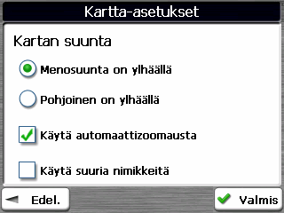 5 Luku 5 - Asetukset 5.1 Kartta Napauttamalla Kartta-asetukset-painiketta Asetukset-valikossa voit mukauttaa karttanäyttöä alla esitetyllä tavalla.