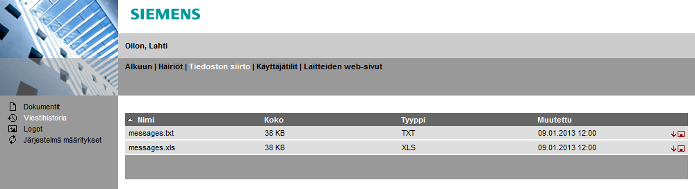 Yläpalkki > Viestihistoria, logot ja dokumentit Tiedoston siirto-valikosta löytyy mm. viestihistoria, jonka voi ladata testitiedostona (.txt) tai Excel-tiedostona (.xls).