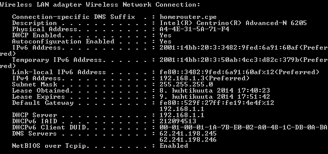 48 (54) Kuva 26. Testikoneen IPv4- ja IP6-osoitteet. Huawein B593S -reitittimestä löytyi yksi ongelma.