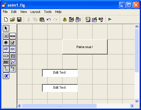 Edit text Lisätään ohjelmaan tekstikenttä,johon voidaan syöttää numeroita: function edit1_callback(hobject, eventdata, handles) % hobject handle to edit1 (see GCBO) % Hints: get(hobject,'string')