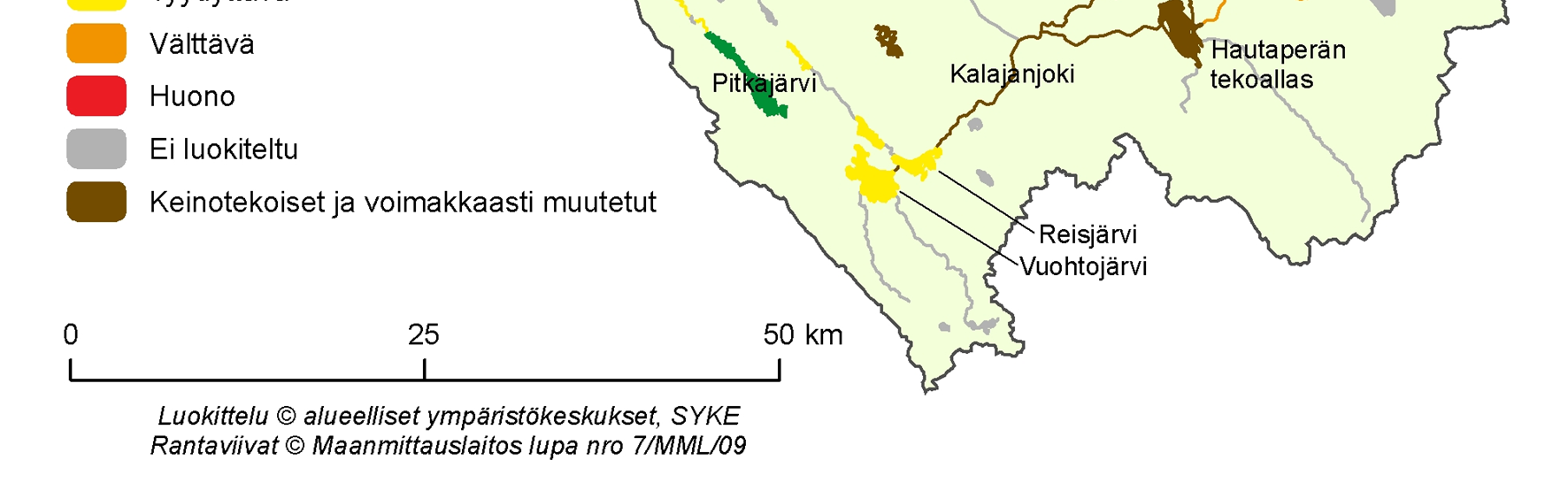 4 Kuva 3 Kalajoen vesistöalueen ekologinen tila (lähde: Pohjois-Pohjanmaan ympäristökeskus 2009).