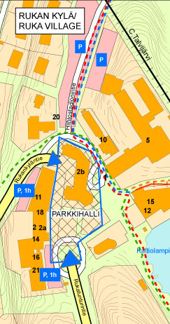 PYSÄKÖINTI Rukan kävelykylässä on kätevintä pysäköidä suoraan Rukan Parkkihallin. Hallista on sisäyhteys Kauppakeskus Kumpareeseen, RukaSuites huoneistoihin ja Hotelli RukaVillageen.