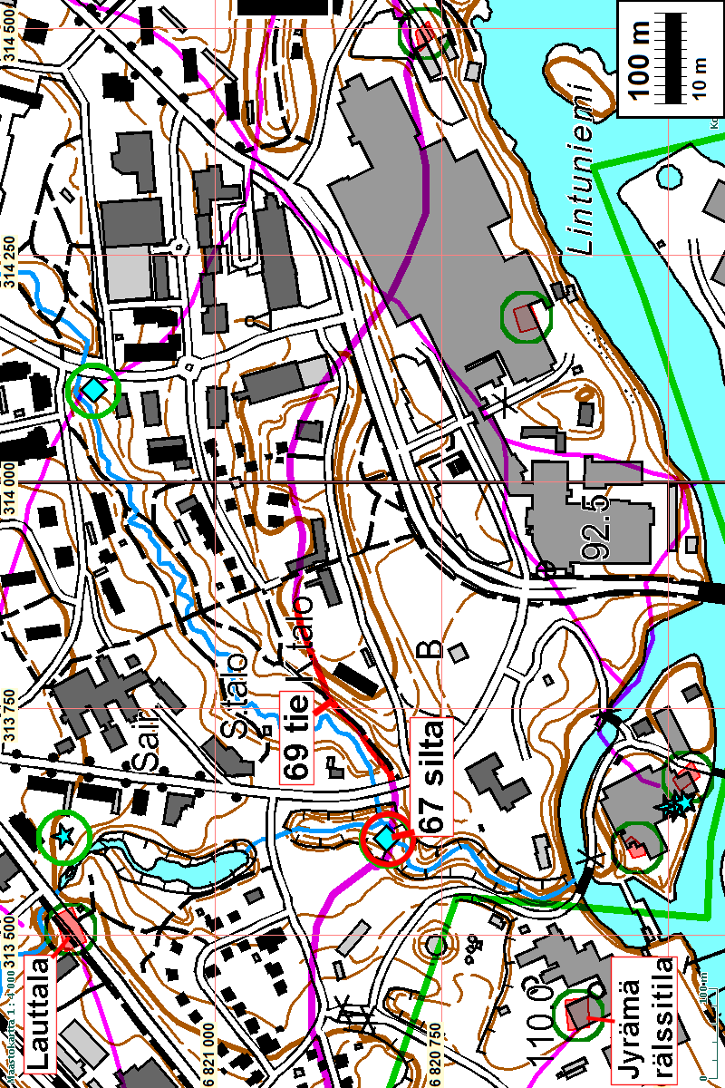 8 Alueen SW -osa Kylä / talotontit punaisella, vanha tiestö sinipunaisella.