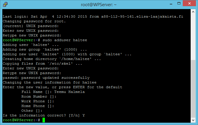 4 LAMP 4.1 Linux Ensimmäinen asia jonka haluamme tehdä uudelle palvelimelle, on estää root käyttäjän SSH yhteys.