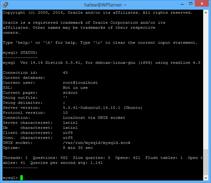 Kuva 17. MySQL status. Kuten kuvasta näemme, MySQL on nyt toiminnassa.