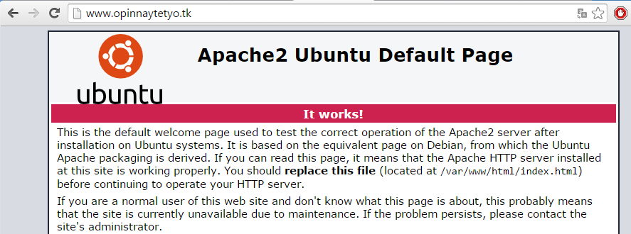 Siirrymme seuraavaksi www.opinnaytetyo.tk osoitteeseen ja tarkistamme kaiken toimivan. Kuva 29. Apache default-sivu DNS-osoitteessa. Kuten kuvasta näemme osoite johtaa nyt apachen oletussivulle.