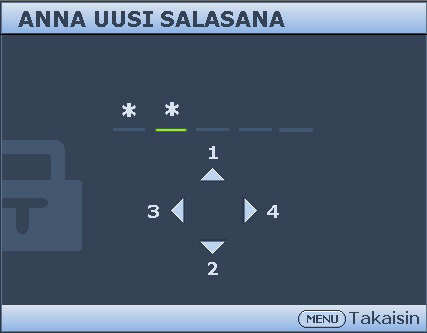 Salasana-toiminnon käyttäminen Turvallisuustarkoituksia varten ja valtuuttomattoman käytön estämiseksi projektori sisältää valinnan salasanan turvallisuuden asettamiseen.