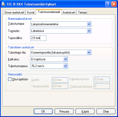 20.8.2009 Sivu 16 / 34 Seuraava asetussivu on Tulostusmateriaali (Stock), josta alla kuva.