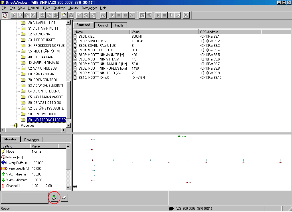 Liite 1 10 (25) 4. Valitse KÄYTTÖÖNOTTOTIEDOT parametriryhmä (99) ja täytä ne moottorin kilpiarvojen mukaisesti 5.