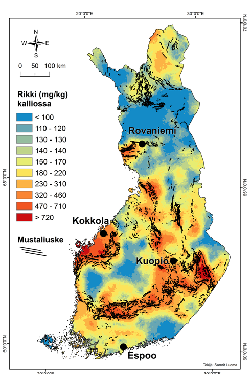 Kuva 23. Rikkipitoisuus kalliossa ja mustaliuskeiden esiintyminen.