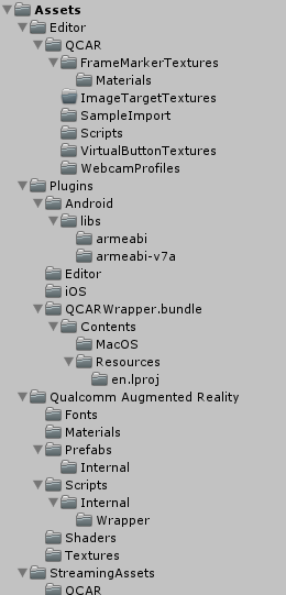 25 Kuvio 15 vuforia-unity-android-ios-2-6-7 kansiorakenne Seuraavaksi on luotava tulevalle 3D-mallille kohde, jonka ohjelmisto myöhemmin tunnistaisi kameran videosyötteestä.