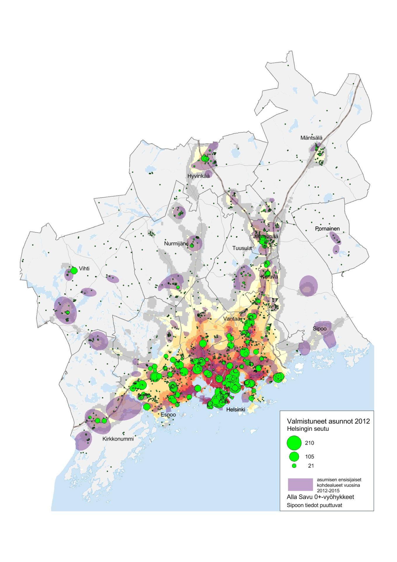 Valmistuneet asunnot 2012 Sijoittuminen asumisen ensisijaiset kohde-alueet