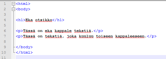 HTML-sivun rakenne 2 <HTML> Jokainen HTML-sivu alkaa tagilla <html> ja päättyy tagiin </html>. HTML on juurielementti eli kaikkien muiden elementtien on oltava täysin sen sisällä.
