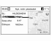 182 Infotainment-järjestelmä Valitse, näytetäänkö Kaikki liikennetiedotukset tai vain Liikennetiedotukset reitin varrella TMC-tiedotukset - luettelossa, katso alla. Reittiluettelo Nyk.