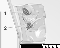 Auton hoito 255 4. Suuntavilkku (1) Takavalon/jarruvalon lamppu (2) 5. Kierrä lampun pidintä vastapäivään. 6. Irrota lampun pidin.