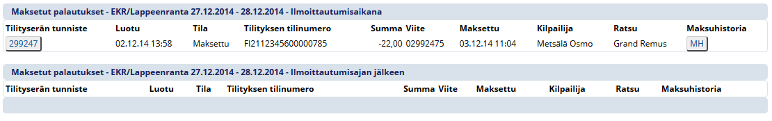 10.2 Palautusten maksaminen Maksutilanteessa n keltainen painike Palautusten maksaminen. Kipa lisää autmaattisesti valinnan palautettaville ratsukille. Tarkista palautettavat.