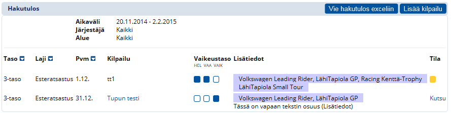 1 Kilpailun/Valmennuksen lisääminen kilpailukalenteriin Kaikkien lajien kilpailukutsut sekä valmennukset vat Kipassa. Maksujärjestelmä n käytössä kilpailutasilla 2-5 sekä valmennuksissa.