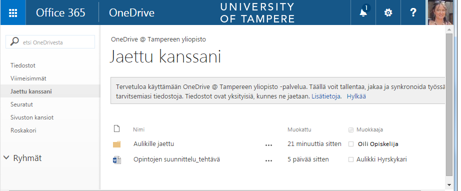 Kuva 9 Tiedostojen vienti pilvilevylle (OneDrive) Levylle tuodut tiedostot ovat oletusarvoisesti vain levyn omistajan saatavilla, napsauttamalla tiedostoa sarakkeessa Jakaminen, pääset antamaan