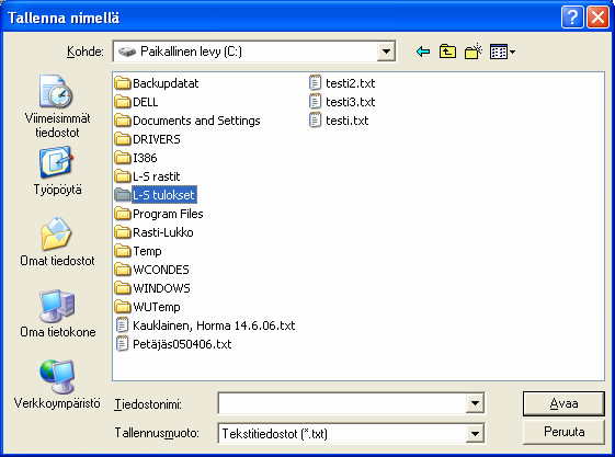 Tallenna tulostiedosto hakemistoon C:\L-S tulokset\tapahtumannimi valitsemalla Selaa.