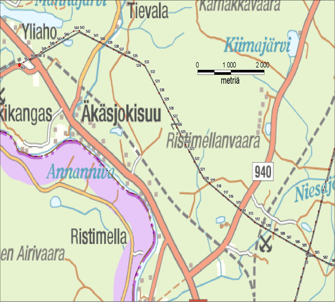 51 Vikapaikka 2 (Äkäsjoki, pylväs nro 541) Pylväs 543 Pylväs 542 Pylväs 540 Pylväs 539 Pylväs 517 Pylväs 516 Vikapaikka 1 (Niesa, pylväs nro 515) Pylväs 514 Pylväs 513 Kuva 37: Äkäsjokisuu