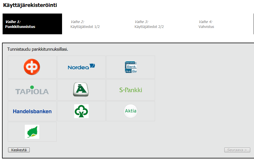 Ohje 2 (5) 2 Rekisteröitymisen vaiheet Vaihe 1: Pankkitunnistus: Valitse pankkisi logo ja anna henkilökohtaiset