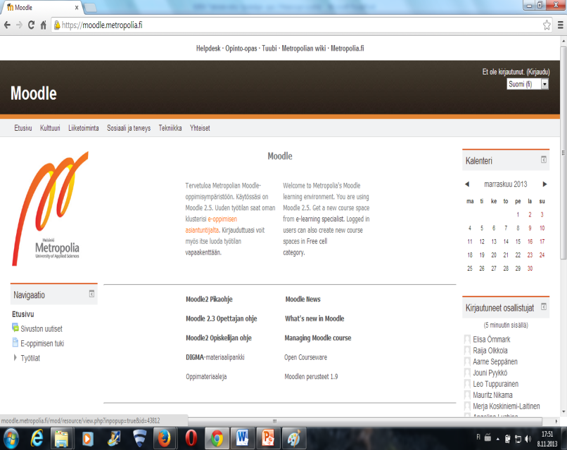 MOODLE Moodle on oppimisalusta, jonne opettaja voi koota opintojakson materiaalin ja seurata ja ohjata opiskelijoiden opiskelua verkossa Mikäli opettaja käyttää Moodle-oppimisalustaa, hän ilmoittaa