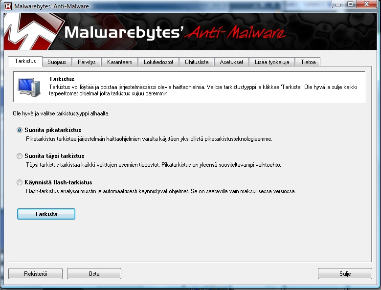 MALWAREBYTES ANTI-MALWARE 6 Ohjelman käyttäminen Ohjelman haittaohjelmien määritykset kannattaa aina päivittää valitsemalla Päivitys-välilehti ja klikkaamalla Tarkista päivitykset painiketta.