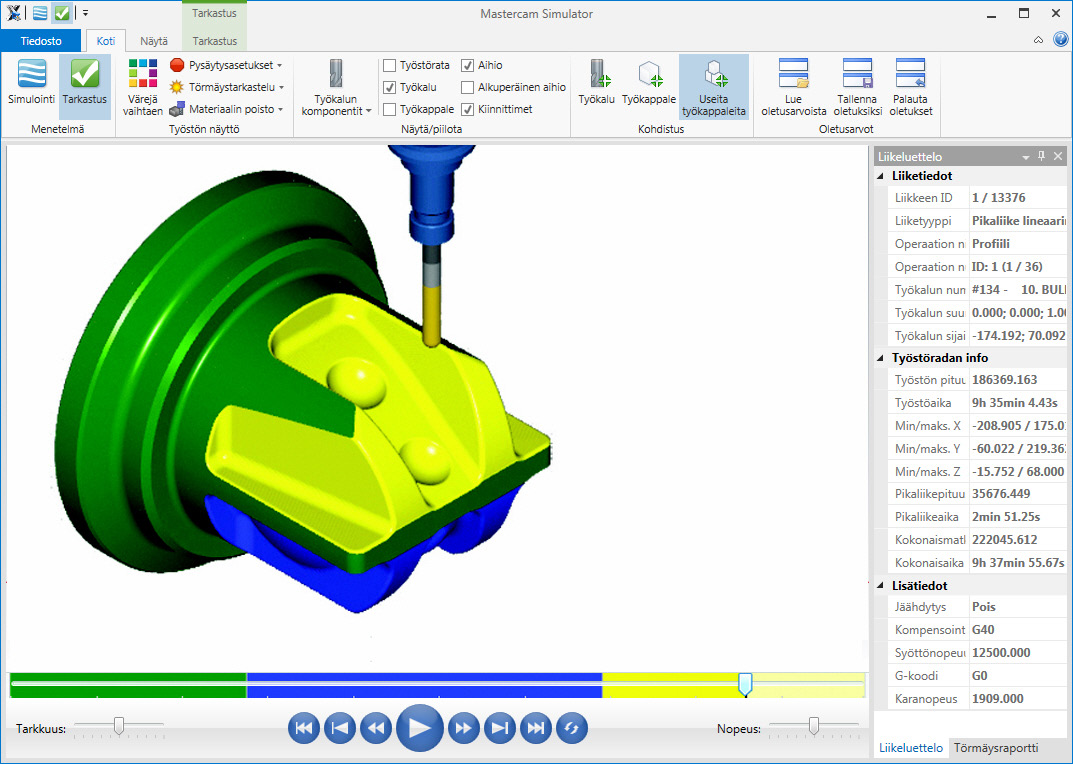 Mastercam Simulator Mastercam Simulator sisältää sekä Simuloinnin ja Tarkastuksen, joilla voidaan tarkastella rataa ennen sen lähettämistä työstökoneelle.