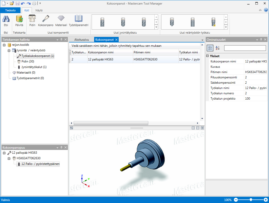 Työkalujen hallinta Mastercamin Tool Managerin avulla voidaan hallita ja luoda työkaluja, pitimiä ja niiden kokoonpanoja.