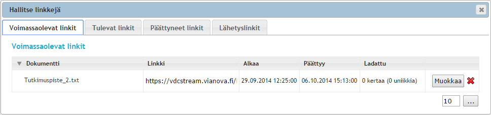 12(14) Määritä linkin voimassaoloaika päivämäärä- ja kellonaikavalikoista. Tallenna. Voit nyt kopioida Linkki-riviltä maalaamalla www-osoitteen, jonka voit jakaa esim. sähköpostilla tai kotisivuilla.