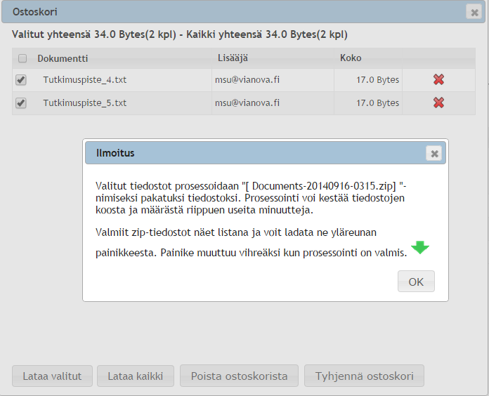 7(14) Hyväksy paketointi painamalla OK. Kun zip-paketti on valmis ladattavaksi, sivun oikeassa ylälaidassa näkyvä nuolikuvake on muuttunut vihreäksi. Lataa zip-paketti klikkaamalla vihreää nuolta.