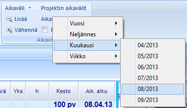 Rajaa toiminnolla voi rajata aktiivin elementin rivejä siten, että kaaviossa näkyy vain ko. aikaväliin osuvia tehtäviä/resursseja.