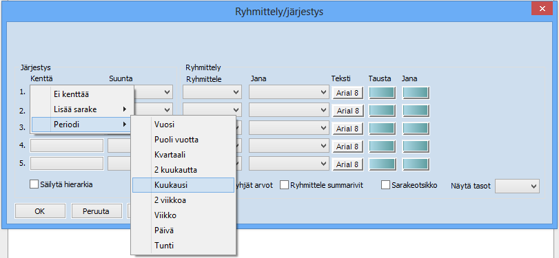 Ryhmittele / Määritä: Ryhmittely/Järjestys dialogiin on lisätty mahdollisuus tehdä ryhmittely periodeittain, jolloin esim.