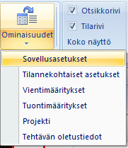 Ribbon Työpöytä -kieleke: Ominaisuudet Sovellusasetukset: Sovellusasetuksiin on lisätty paljon toimintoja, joilla ohjataan ohjelman toimintoja.