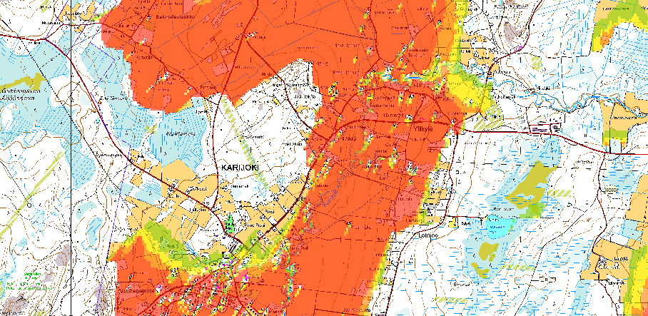 FCG SUUNNITTELU JA TEKNIIKKA OY Kaavaselostus 38 (68) Kuva 18 Tuulivoimapuiston havainnekuva, Ylikylä (mustat voimalat havainnollistamisen vuoksi) Voimalat näkyvät Ylikylän peltoalueelle.