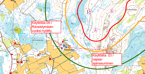 FCG SUUNNITTELU JA TEKNIIKKA OY Kaavaselostus 54 (68) Kuva 23 Rakennusten käyttötarkoitustietoja melun vaikutusalueella Molempien tilojen rakennukset ovat niin vanhoja, ettei niihin ole tarvinnut