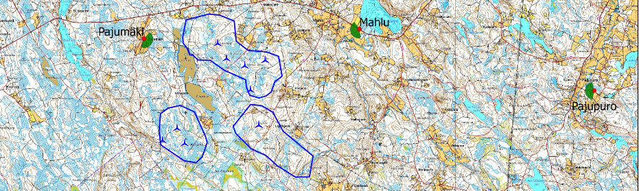 Kaavaselostus 40 (78) Näkyvyysanalyysin mukaan asuin- ja lomarakennuksista muodostuu näkymiä tuulivoimaloille pääasiassa koillisen suuntaan Mahlu, Hännilä, Saarijärvi akselilla.
