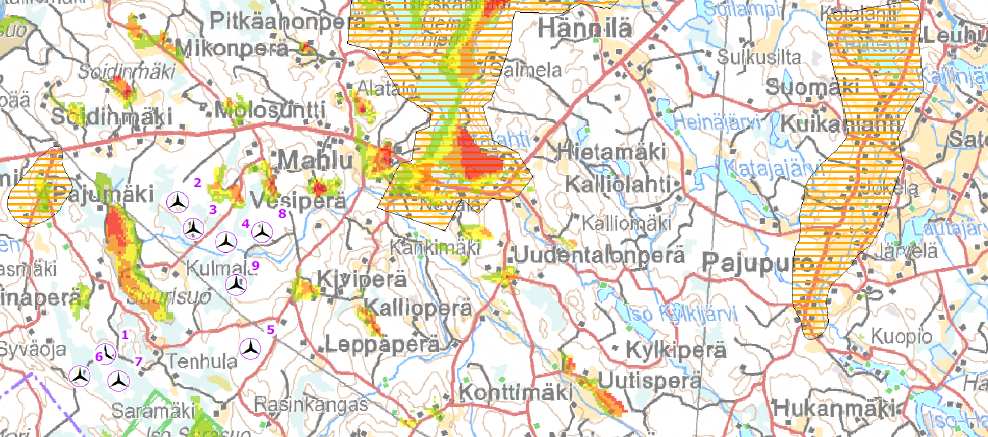 Kaavaselostus 43 (78) Kuva 17 Mahlu, etäisyys lähimpiin voimaloihin noin 3,8 km (lähde Etha Oy) Mahlun maakunnallisesti arvokkaalta maisema-alueelta on etäisyys lähimpiin voimaloihin noin 3,8