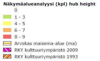 Oikealla puolella kaksi voimalaa lähes linjassa ja vasemmalla yksi voimala. Voimaloista voidaan havaita enintään ½.