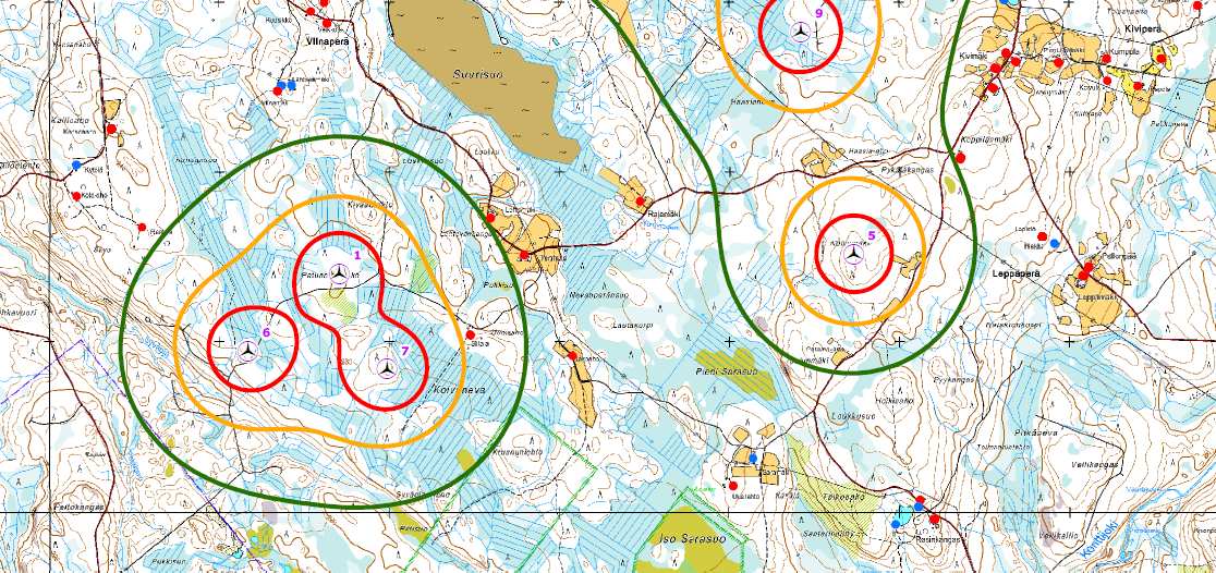 Kaavaselostus 58 (78) Tuulivoimaloiden aiheuttamat äänenpainetasot on