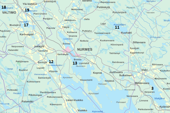 Kuva 5.1. Tutkimusalueita Ylä-Karjalassa; 3. Viekijärvi, 11. Kuohattijärvi, 12. Kuokkastenjärvi, 13. Pielinen, 17. Haapajärvi, 18.